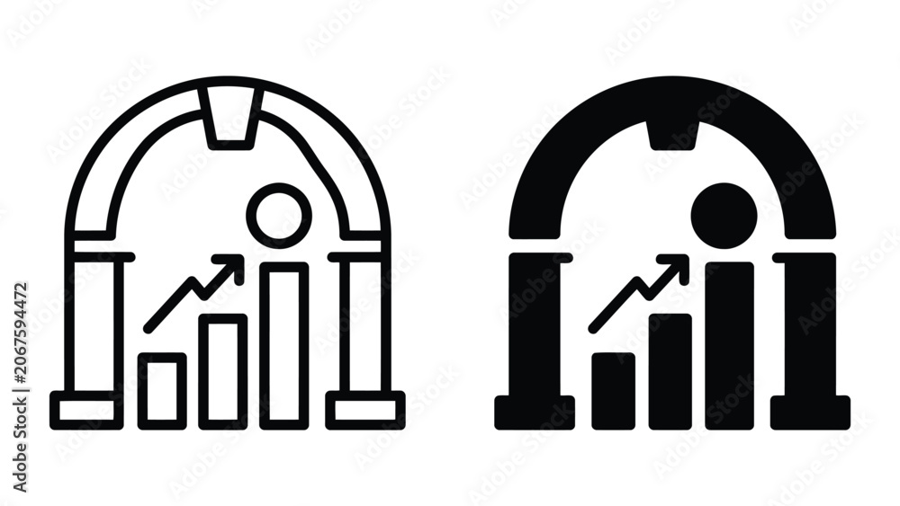Fototapeta premium Professional business icon set showing bar chart with growth arrow inside archway structure for corporate analytics and data visualization in both outline and solid vector graphic styles isolated