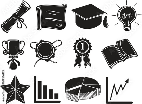 Achievement financial growth sketch icons bundle with bar chart trophy bulb certificate scroll and star vector