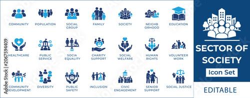 Photos Sector of society icon set featuring public healthcare, education, community development, social justice equality, human rights charity, elder care, and disability support
