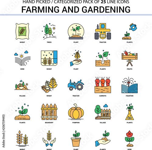 Backyard agriculture farming graphic collection featuring garden hose gloves shears plant pot ladybug sun vector