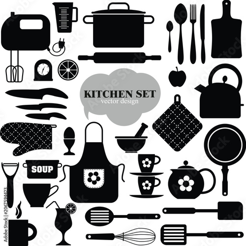 Baking and cooking tool kit flat layout with apron pot holder kettle mixer pan vector