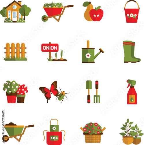 Home gardening equipment flat vector icons bundle featuring wheelbarrow watering pot gloves shears hose vector