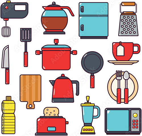 Chef culinary preparation icons group featuring cutting board knives pot pan kettle and teacups vector
