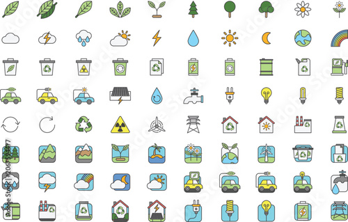 Clean technology ecology flat icons layout with wind turbine solar energy battery pack and clouds vector