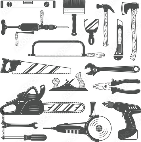 Construction hand tools collection with hammer saw chainsaw electric drill wrench screwdriver and axe elements vector