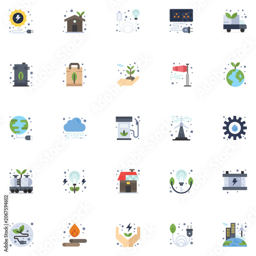 Green power alternative energy icons bundle featuring green home recycle bin lightbulb and plant vector