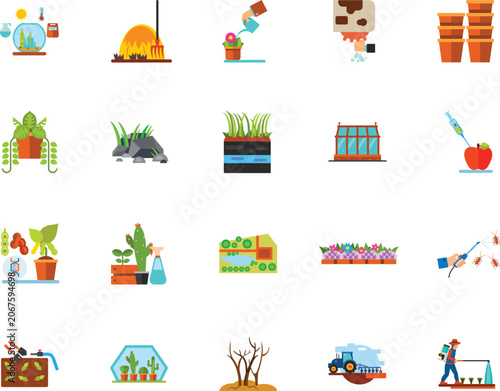 Green nature growth silhouette icons pack including sprout water drops boots pruner rake shovel vector