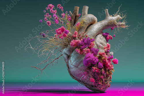 A realistic illustration of a human heart, featuring a blend of metallic and organic textures. the right half of the heart is covered in intricate pink and purple dried flora, including small flowers.