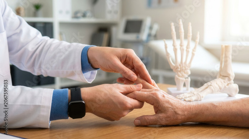 Doctor checking patient hand and finger joints during rheumatology exam on desk, arthritis diagnosis and professional medical care