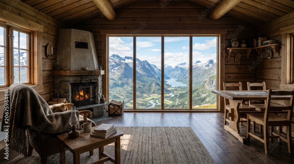 Obraz premium Cozy log cabin interior with panoramic mountain and fjord views