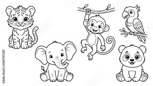 Photography Cute jungle animals coloring book vector set, baby tiger elephant monkey panda a
