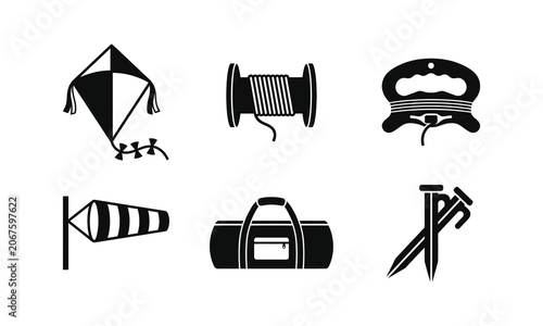 Photos Black and white flat icons of kite flying accessories including kite, spool, win