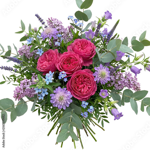 A lush bouquet of crimson peonies with purple flowers and eucalyptus