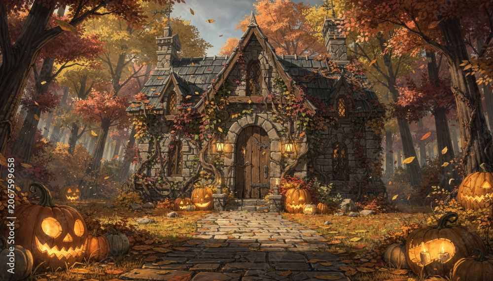 Fototapeta premium A Cozy Autumn Cottage Surrounded by Pumpkins, Fallen Leaves and Glowing Forest Light