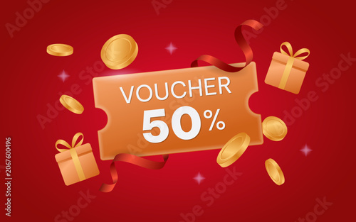 Discount Voucher 50 Percent Promo Banner Template with Floating Gold Coins and Gift Box