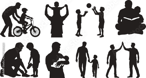 Photos Father and son black silhouette vector set depicting family parenting bonding an