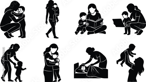 Foto Mother and child black silhouette vector icon set depicting motherhood parenting