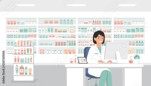 Dedicated female pharmacist typing on a computer at her desk inside a bright pharmacy store filled with medicine shelves.