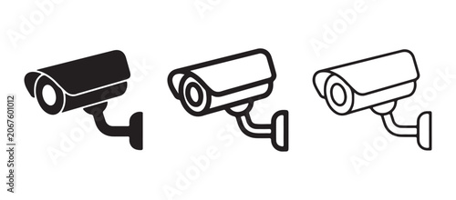 Security camera icons in black and white line art style for graphic design and digital applications