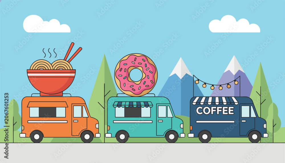Fototapeta premium Three colorful food trucks parked in a row offering hot ramen noodles, sweet donuts, and fresh coffee drinks.
