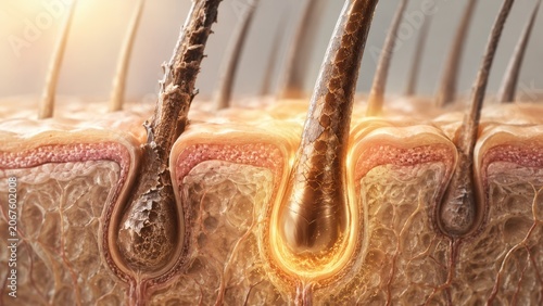 Detailed cross section close-up view of human hair follicle embedded in skin tissue under warm lighting