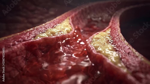 Close up view clogged artery blood vessel with yellowish cholesterol plaque buildup causing atherosclerosis cardiovascular health medical anatomy biology illustrating blockage risk and restricted