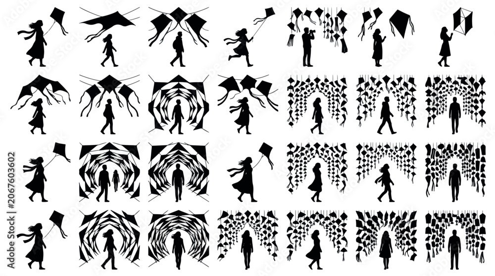 Obraz premium Kite Art Installation Experience Silhouettes Sets Pack, Editable Vectors Strokes Illustrations. containing silhouette, kite, collection, set, people, flying and mores Kite Festivals silhouettes.