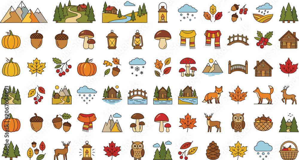 Fototapeta premium Colorful assortment of festive and rustic decorative items flat illustration