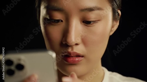 Focused woman using smartphone in dark room.