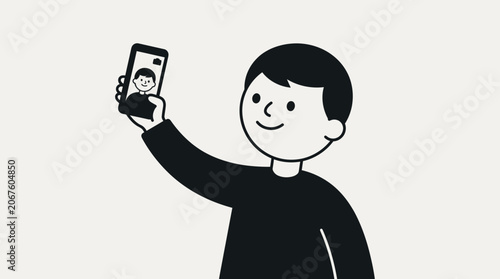 Foto Happy Young Man Taking Selfie with Smartphone, Smiling on Isolated White Backgro