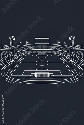 A black and white line drawing of a sports arena with multiple fields.