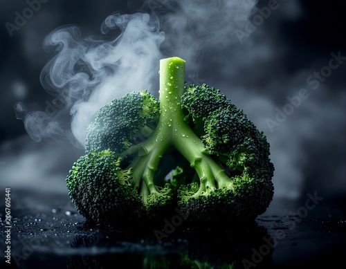 Steaming broccoli close-up with dramatic lighting and swirling vapor, symbolizing healthy nutrition, fresh vegetables, organic food, wellness, and natural cooking concepts.