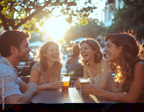 Group of young friends enjoying drinks and laughing together at an outdoor cafe during golden hour, capturing friendship, social connection, happiness, and relaxed lifestyle moments.