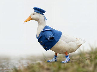 Outdoor photograph of a white duck dressed in a blue sailor uniform jacket, hat, and little boots standing on green grass.