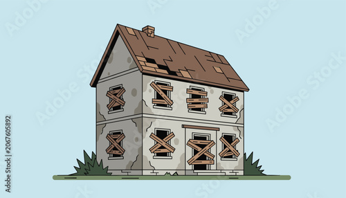 Old abandoned two-story house with cracked walls, damaged roof, and boarded-up windows on a light background.