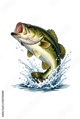 A stylized blue bass fish with water splashes jumping out of the river.