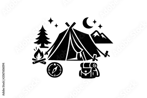 A classic black-and-white illustration featuring camping iconography: a tent, pine tree, mountain range, campfire, crescent moon, and compass rose.