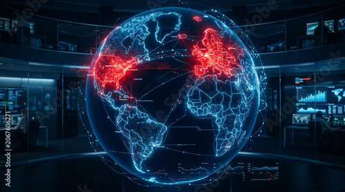 Futuristic global network globe in a dark control center, showing glowing red hotspots over North America and Europe with digital data connections and charts.