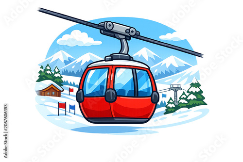 The image depicts a red helicopter with its rotors spinning above a snow-covered mountainside. In the background, there's a ski lift and pine trees. It appears to be daytime under clear skies.