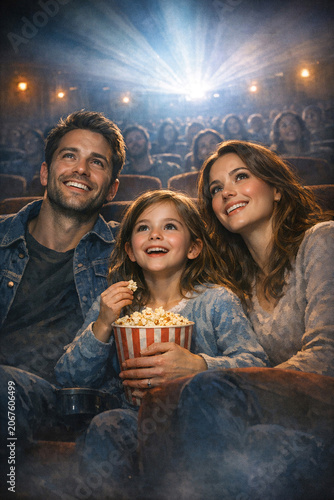 A family of four enjoying a movie in a theatre with popcorn, smiling and sharing an enjoyable moment together.