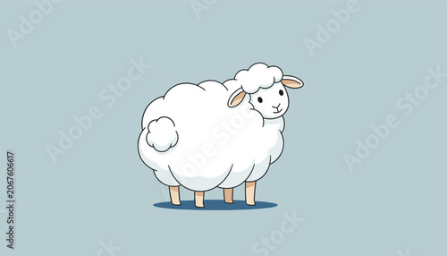 Adorable fluffy white sheep standing and looking back on a soft gray-blue background in a simple cartoon style.