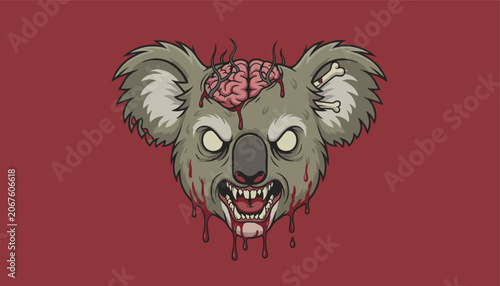 Creepy horror zombie koala head with a bleeding exposed brain and glowing white eyes on a dark red background.