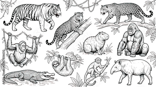 Canvas Print Vintage jungle animals line art collection, hand drawn tropical wildlife illustr