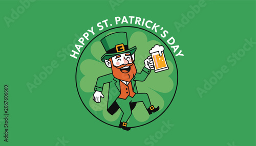 Joyful cartoon leprechaun holding a glass of beer for Saint Patricks Day celebration on green clover background.