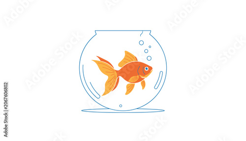 Single beautiful orange goldfish swimming inside a round glass fishbowl with water bubbles on white background.