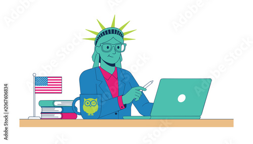 Statue of Liberty character working on a laptop at her office desk with a green owl coffee mug and US flag.