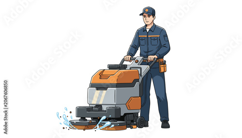 Professional male cleaner operating an industrial automatic floor washing machine isolated on white background.