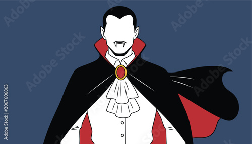 Count Dracula classic vampire character with sharp fangs and a high-collar red and black cape on dark blue background.