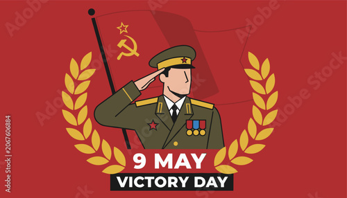 Soviet military officer saluting proudly with the USSR flag and a golden laurel wreath for the 9 May Victory Day.