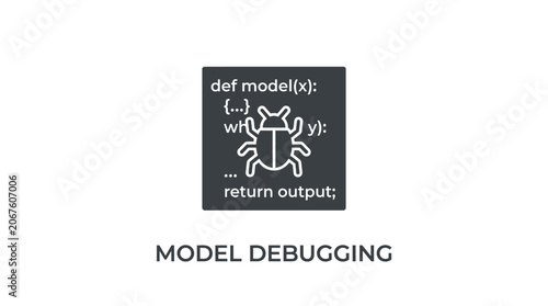Bilde på lerret Computer code snippet with bug icon for model debugging.